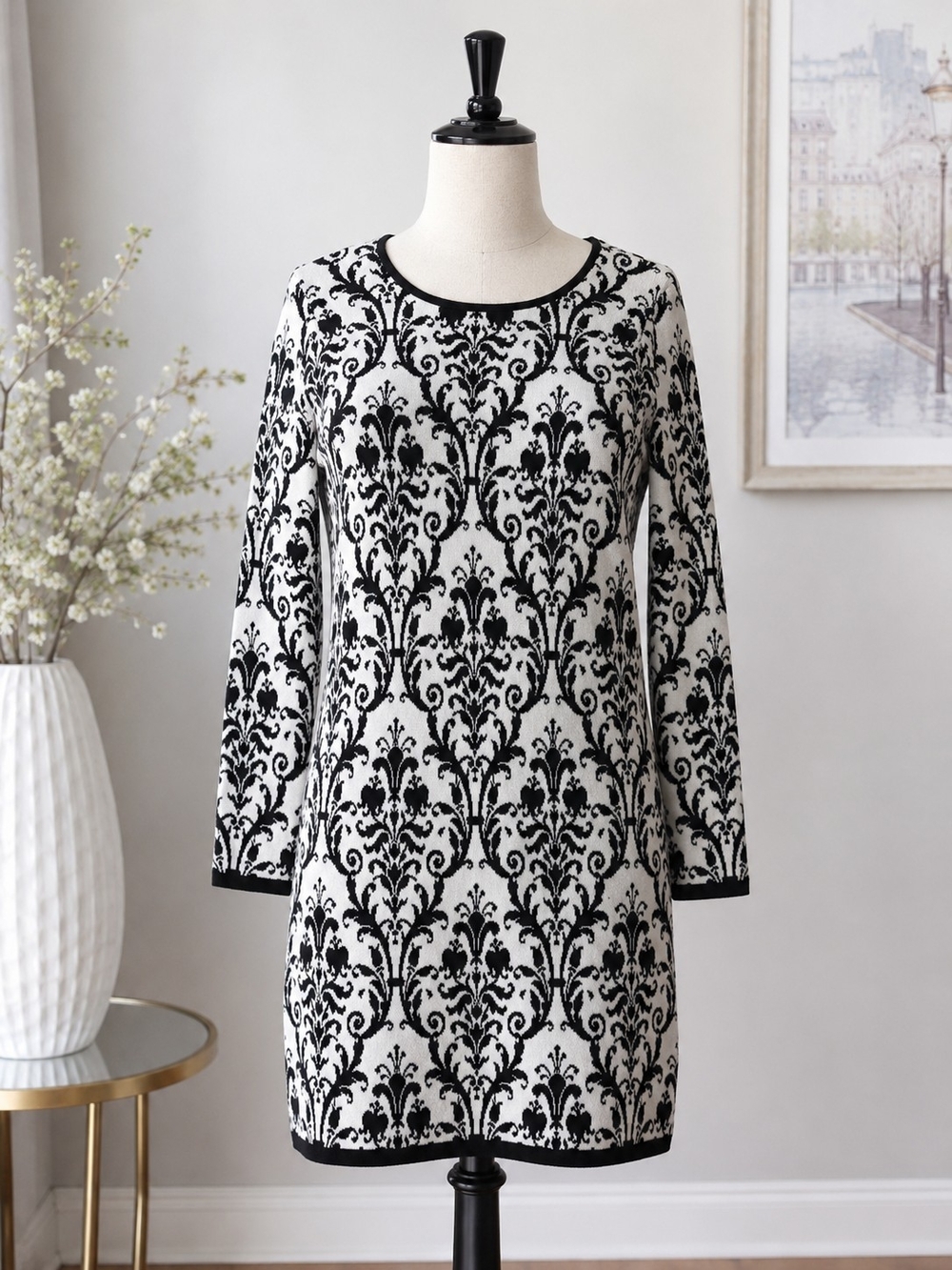 Neiman Marcus Black White Damask Sweater Dress Tunic Knit Midi Career Office Ele